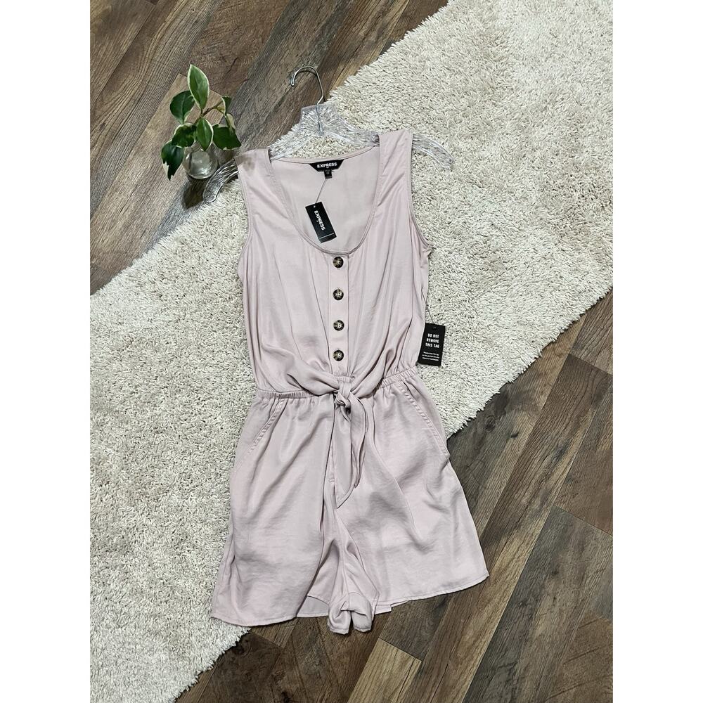 Express Size XS Relaxed Pink Satin Sleeveless Tie Front Scoop Neck Romper NWT